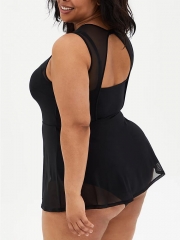 BLACK MESH UNDERWIRE PEPLUM SHORT ONE-PIECE SWIM DRESS