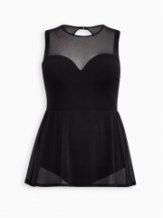 BLACK MESH UNDERWIRE PEPLUM SHORT ONE-PIECE SWIM DRESS