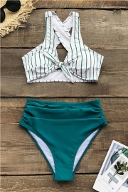 Teal Solid And Striped High Waisted Bikini