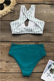 Teal Solid And Striped High Waisted Bikini
