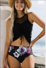 Mesh Patchwork Drawstring Tankini Set(two ways of wearing)