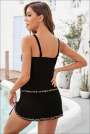 Women's Leopard Trim Tankini with Swim Skirt V Neck Drawstring Side Padded Two Piece Swimsuits Bathing Suit