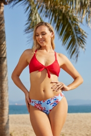 RED V NECK ADJUSTABLE STRAPS LOW WAISTED TWO PIECE BIKINI SET