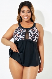 Black Leopard Print Mesh Women Tankini Top