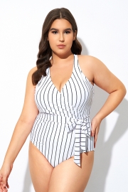 Stripe Print Tie Front Center One Piece Swimsuit