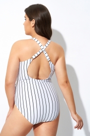 Stripe Print Tie Front Center One Piece Swimsuit