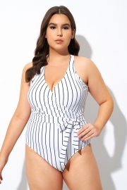 Stripe Print Tie Front Center One Piece Swimsuit