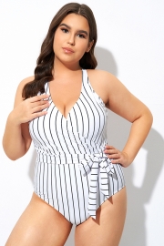 Stripe Print Tie Front Center One Piece Swimsuit