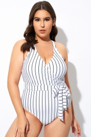 Stripe Print Tie Front Center One Piece Swimsuit