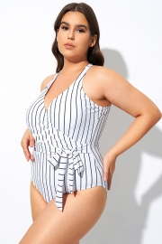 Stripe Print Tie Front Center One Piece Swimsuit