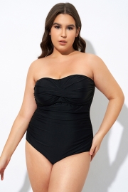 Plain Black Twist Front Bandeau One Piece Swimsuit