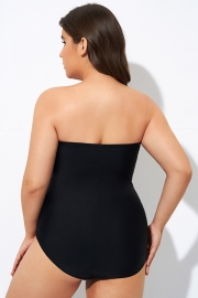 Plain Black Twist Front Bandeau One Piece Swimsuit