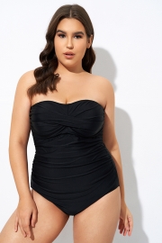 Plain Black Twist Front Bandeau One Piece Swimsuit