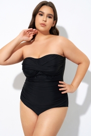 Plain Black Twist Front Bandeau One Piece Swimsuit