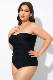 Plain Black Twist Front Bandeau One Piece Swimsuit