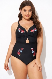 Black Flower Adjustable Straps Cut Out Front One Piece Swimsuit