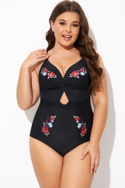 Black Flower Adjustable Straps Cut Out Front One Piece Swimsuit