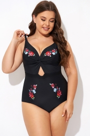 Black Flower Adjustable Straps Cut Out Front One Piece Swimsuit