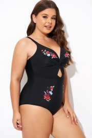 Black Flower Adjustable Straps Cut Out Front One Piece Swimsuit