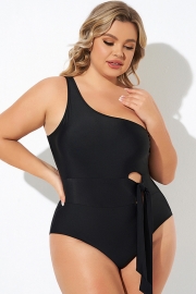 Black One Shoulder Tie One Piece Swimsuit