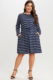 Blue & White Stripe Adjustable Drawstring Women Dress