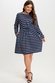 Blue & White Stripe Adjustable Drawstring Women Dress