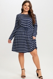 Blue & White Stripe Adjustable Drawstring Women Dress
