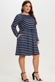 Blue & White Stripe Adjustable Drawstring Women Dress
