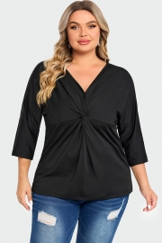 Black V Neck Modal Twist Front Women T-Shirt