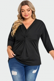Black V Neck Modal Twist Front Women T-Shirt