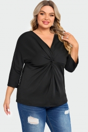 Black V Neck Modal Twist Front Women T-Shirt