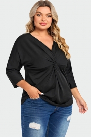 Black V Neck Modal Twist Front Women T-Shirt
