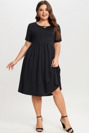 Black Short Sleeve Plus Size Pockets Midi Dress