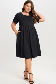 Black Short Sleeve Plus Size Pockets Midi Dress