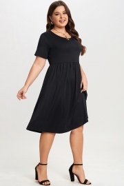 Black Short Sleeve Plus Size Pockets Midi Dress