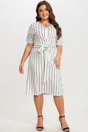 Black & White Stripe V neck Wrap Around Dress