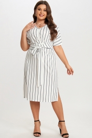 Black & White Stripe V neck Wrap Around Dress