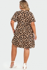 V-Neck Leopard Print Flutter Sleeve Midi Dress