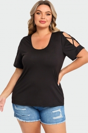 Black Square Neck Lattice Cold Shoulder Top