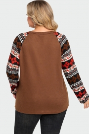 V-Neck Geometric Patchwork Knit Long Sleeve Blouse