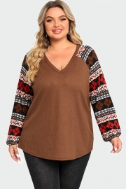 V-Neck Geometric Patchwork Knit Long Sleeve Blouse