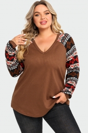 V-Neck Geometric Patchwork Knit Long Sleeve Blouse