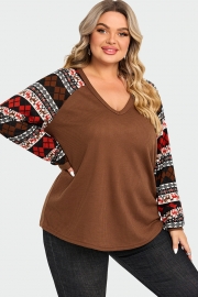V-Neck Geometric Patchwork Knit Long Sleeve Blouse