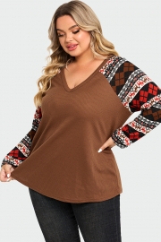 V-Neck Geometric Patchwork Knit Long Sleeve Blouse