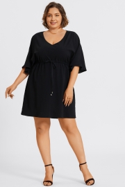 V-Neck Solid Color Elastic Eaist Ruffle Long Tunic