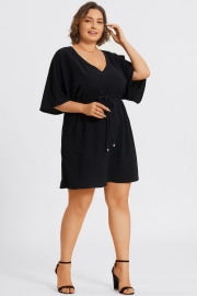 V-Neck Solid Color Elastic Eaist Ruffle Long Tunic