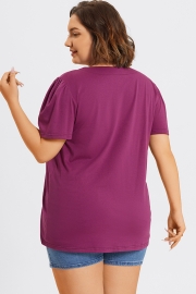 Plus Size Purple Square Neck Puff Sleeve Tops