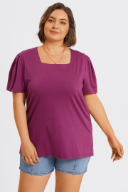 Plus Size Purple Square Neck Puff Sleeve Tops