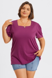 Plus Size Purple Square Neck Puff Sleeve Tops