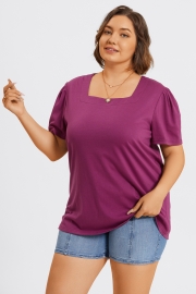 Plus Size Purple Square Neck Puff Sleeve Tops